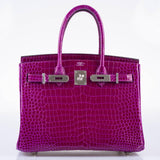 HermesBirkin 30 Rose Pourpre Shiny Porosus Crocodile Palladium Hardware