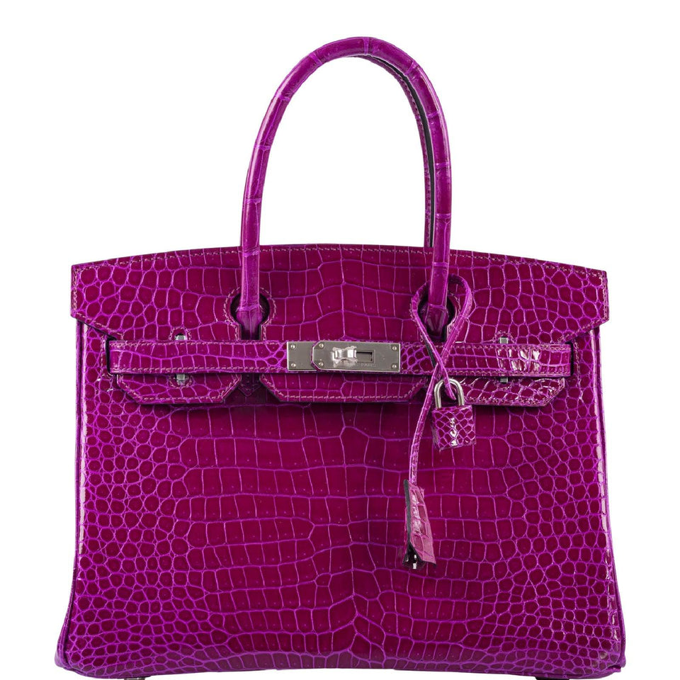 HermesBirkin 30 Rose Pourpre Shiny Porosus Crocodile Palladium Hardware
