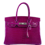 HermesBirkin 30 Rose Pourpre Shiny Porosus Crocodile Palladium Hardware