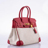 HermesBirkin 30 Toile & Rouge Vif Courchevel Leather Gold Hardware