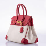 HermesBirkin 30 Toile & Rouge Vif Courchevel Leather Gold Hardware