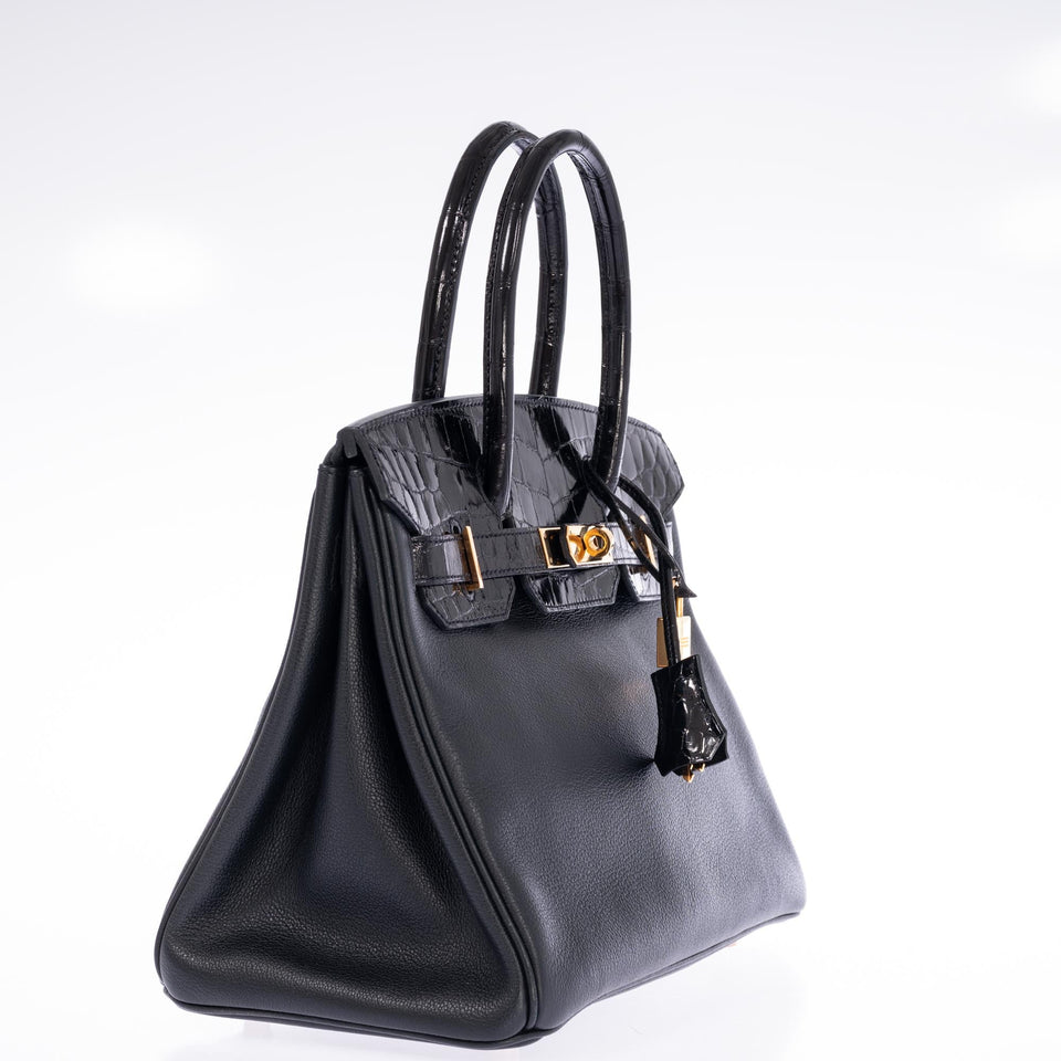 Hermes Birkin 30 Touch Black Shiny Niloticus Crocodile and Novillo Gold Hardware