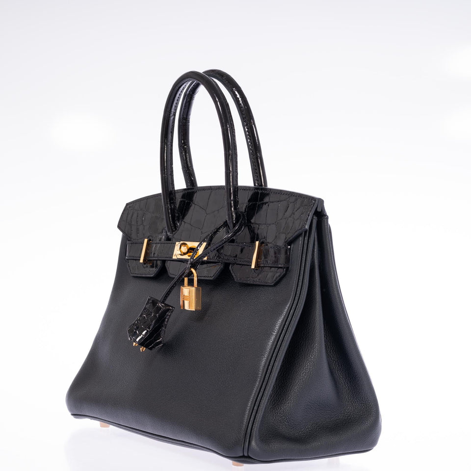 Hermes Birkin 30 Touch Black Shiny Niloticus Crocodile and Novillo Gold Hardware