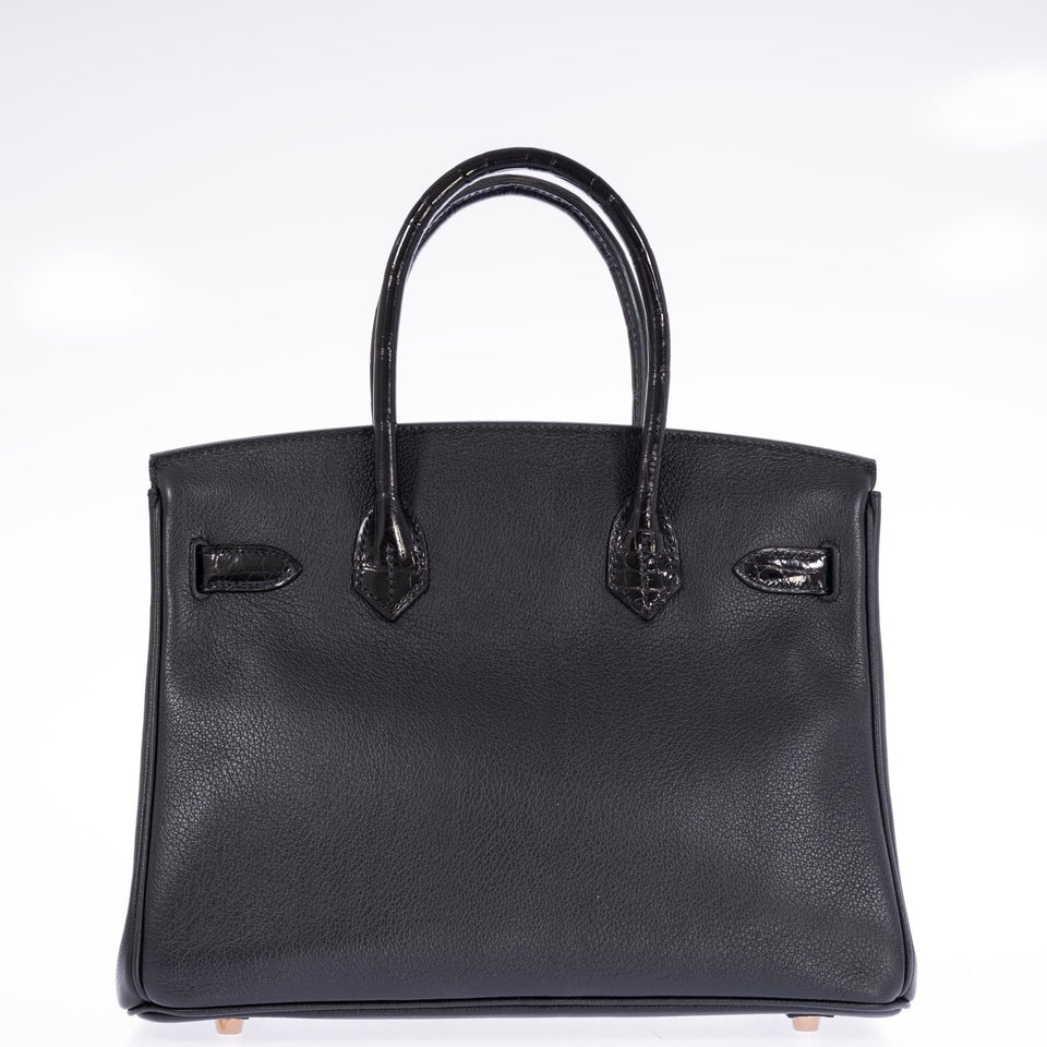 Hermes Birkin 30 Touch Black Shiny Niloticus Crocodile and Novillo Gold Hardware