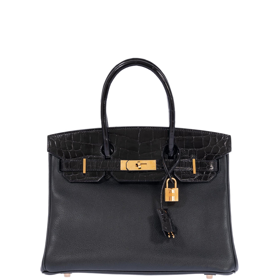 Hermes Birkin 30 Touch Black Shiny Niloticus Crocodile and Novillo Gold Hardware