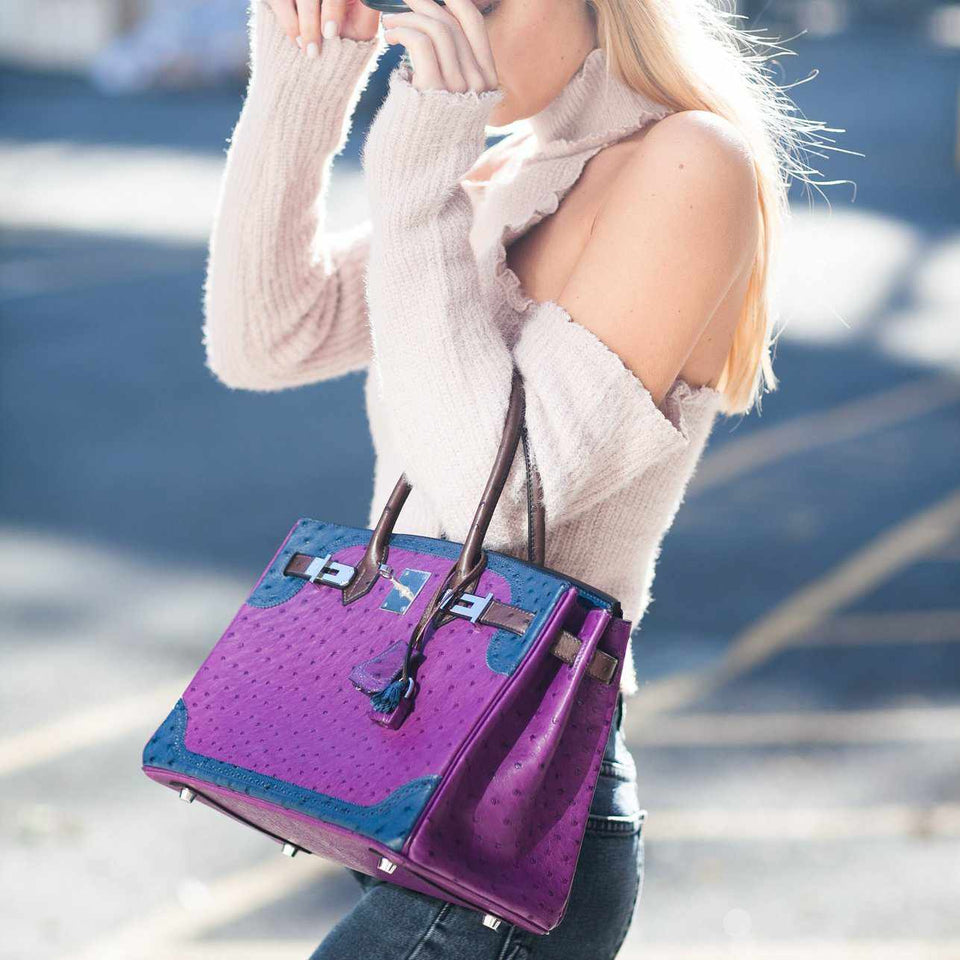 HermesBirkin 30 Tri Color Ostrich Violine Blue De Malt And Marron Palladium Hardware