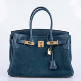 Hermes Birkin 30 Veau Doblis Swift Grizzly Bleu Tempete Permabrass Hardware