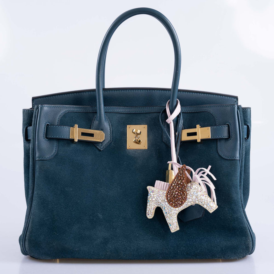 Hermes Birkin 30 Veau Doblis Swift Grizzly Bleu Tempete Permabrass Hardware