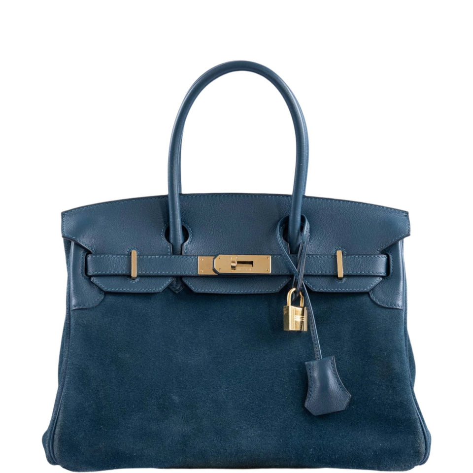 Hermes Birkin 30 Veau Doblis Swift Grizzly Bleu Tempete Permabrass Hardware
