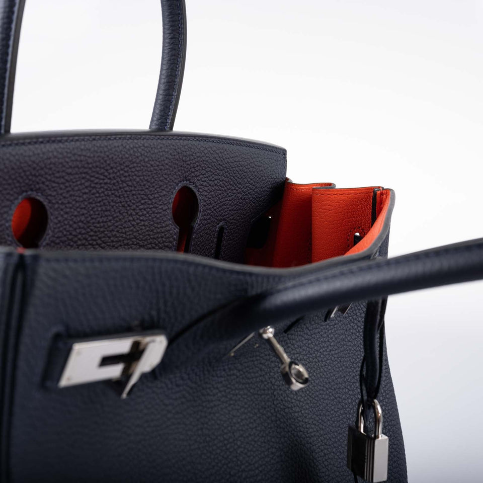 HermesBirkin 30 Verso Blue Nuit and Orange Poppy Togo Palladium Hardware
