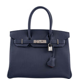 HermesBirkin 30 Verso Blue Nuit and Orange Poppy Togo Palladium Hardware