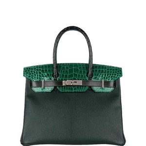 HermesBirkin 30 Vert Emeraude Porosus Crocodile, Vert Titien Multi-Leather & Rose Azalée Patchwork Palladium Hardware