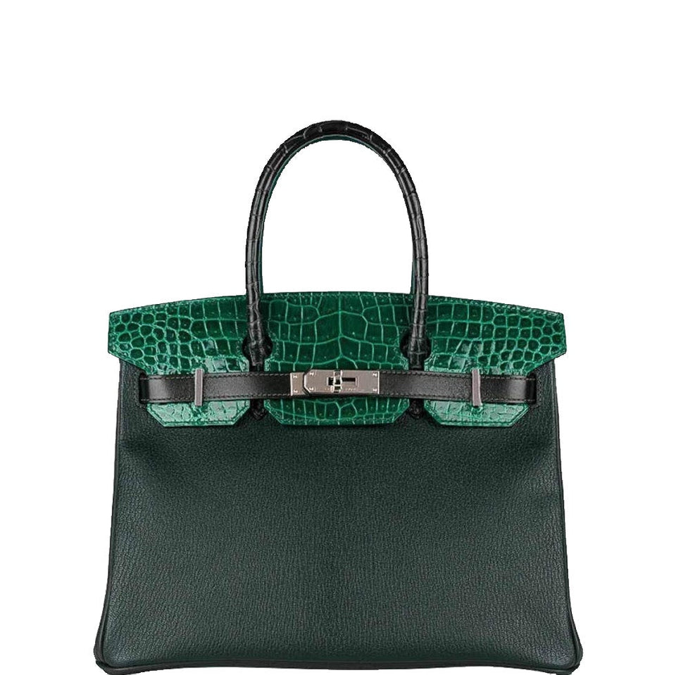 HermesBirkin 30 Vert Emeraude Porosus Crocodile, Vert Titien Multi-Leather & Rose Azalée Patchwork Palladium Hardware