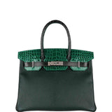HermesBirkin 30 Vert Emeraude Porosus Crocodile, Vert Titien Multi-Leather & Rose Azalée Patchwork Palladium Hardware