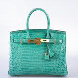 HermesBirkin 30 Vert Jade Shiny Porosus Crocodile Gold Hardware