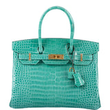 HermesBirkin 30 Vert Jade Shiny Porosus Crocodile Gold Hardware