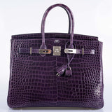 Hermes Birkin 35 Amethyst Porosus Crocodile with Palladium Hardware