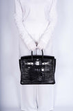 Hermes Birkin 35 Black Shiny Porosus Crocodile 18K White Gold and Diamond Hardware