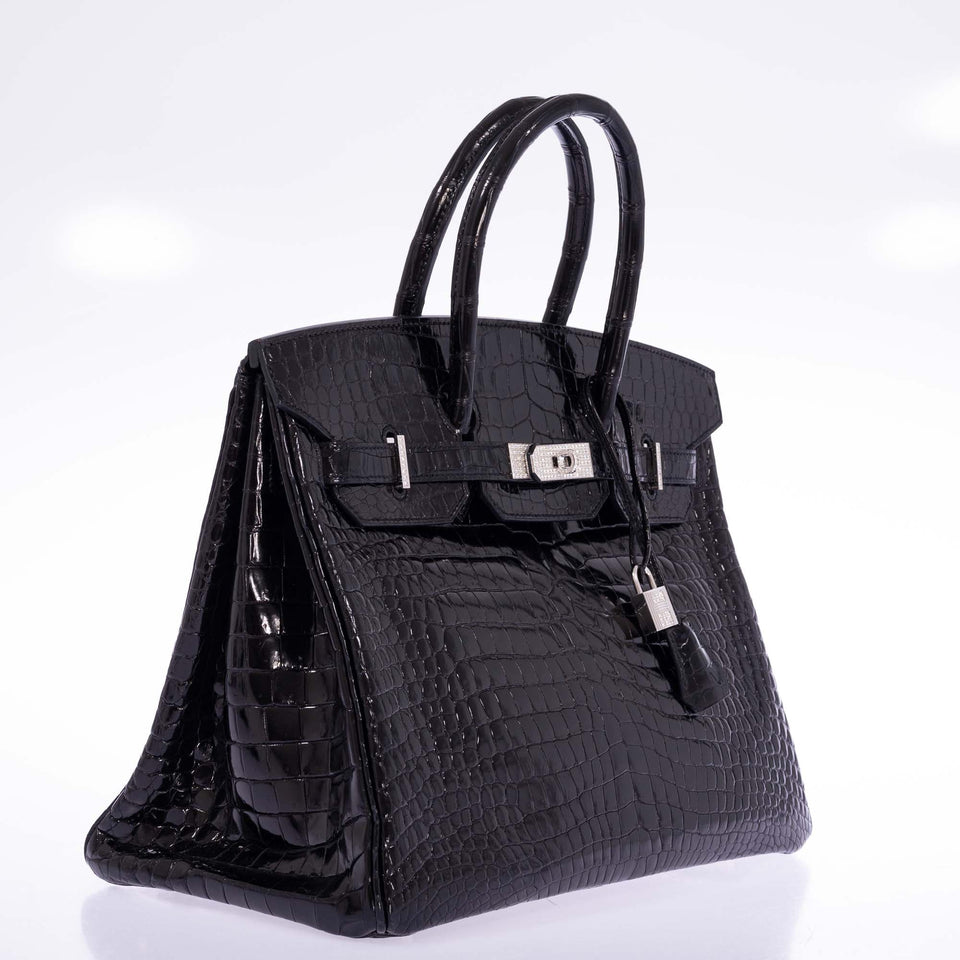 Hermes Birkin 35 Black Shiny Porosus Crocodile 18K White Gold and Diamond Hardware