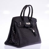 Hermes Birkin 35 Black Shiny Porosus Crocodile 18K White Gold and Diamond Hardware