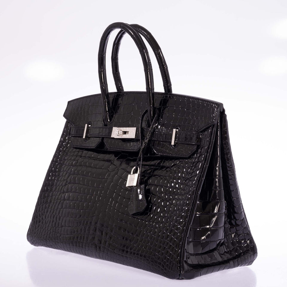 Hermes Birkin 35 Black Shiny Porosus Crocodile 18K White Gold and Diamond Hardware