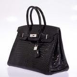 Hermes Birkin 35 Black Shiny Porosus Crocodile 18K White Gold and Diamond Hardware