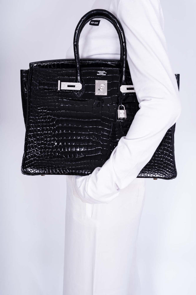 Hermes Birkin 35 Black Shiny Porosus Crocodile 18K White Gold and Diamond Hardware