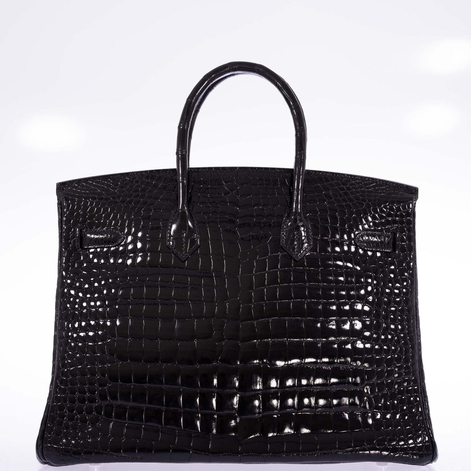 Hermes Birkin 35 Black Shiny Porosus Crocodile 18K White Gold and Diamond Hardware