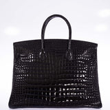 Hermes Birkin 35 Black Shiny Porosus Crocodile 18K White Gold and Diamond Hardware
