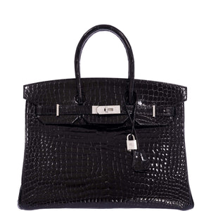 Hermes Birkin 35 Black Shiny Porosus Crocodile 18K White Gold and Diamond Hardware