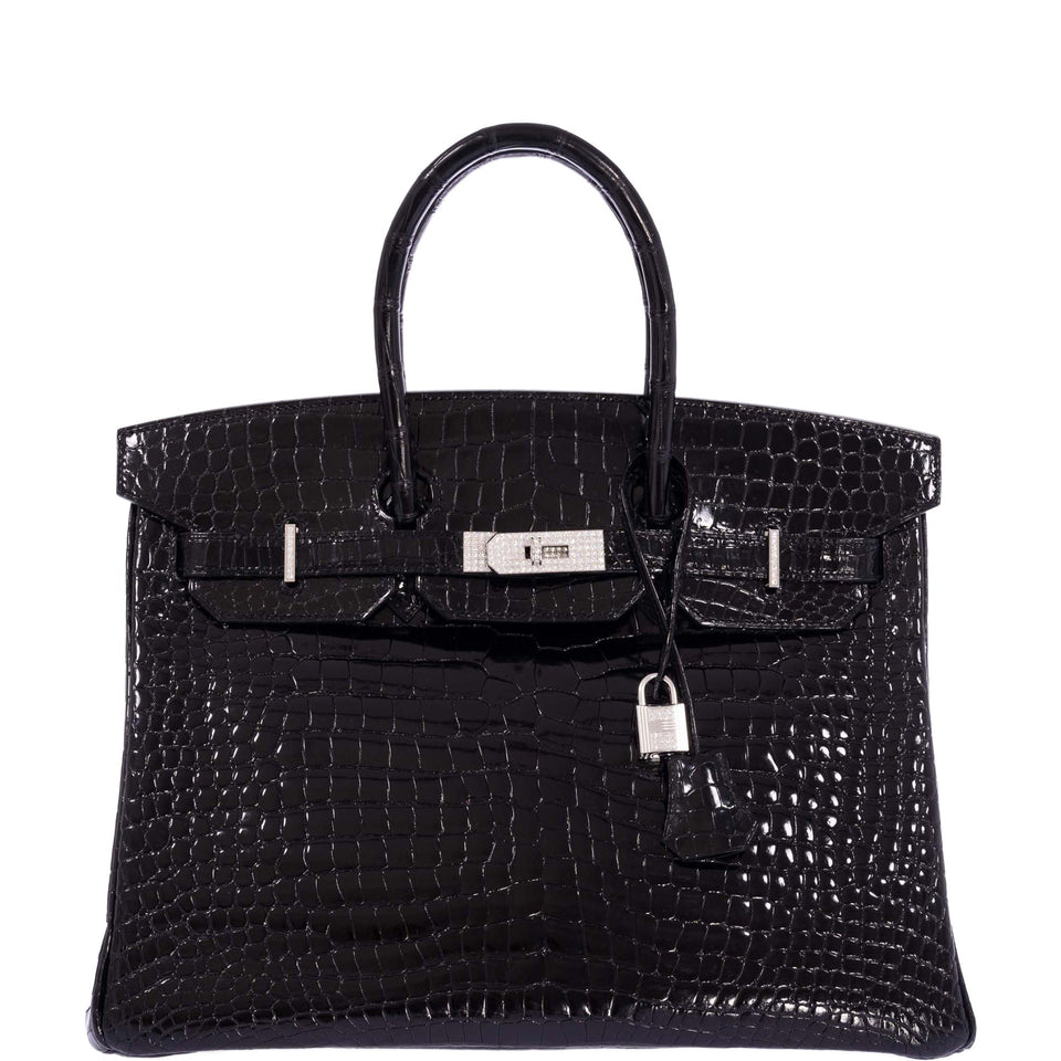 Hermes Birkin 35 Black Shiny Porosus Crocodile 18K White Gold and Diamond Hardware