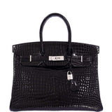Hermes Birkin 35 Black Shiny Porosus Crocodile 18K White Gold and Diamond Hardware