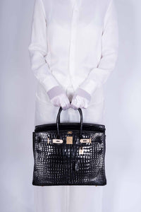 Hermes Birkin 35 Black Shiny Porosus Crocodile 18K Yellow Gold and Diamond Hardware