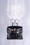 Hermes Birkin 35 Black Shiny Porosus Crocodile 18K Yellow Gold and Diamond Hardware