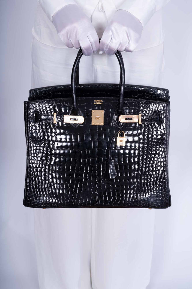 Hermes Birkin 35 Black Shiny Porosus Crocodile 18K Yellow Gold and Diamond Hardware