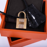 Hermes Birkin 35 Black Shiny Porosus Crocodile 18K Yellow Gold and Diamond Hardware