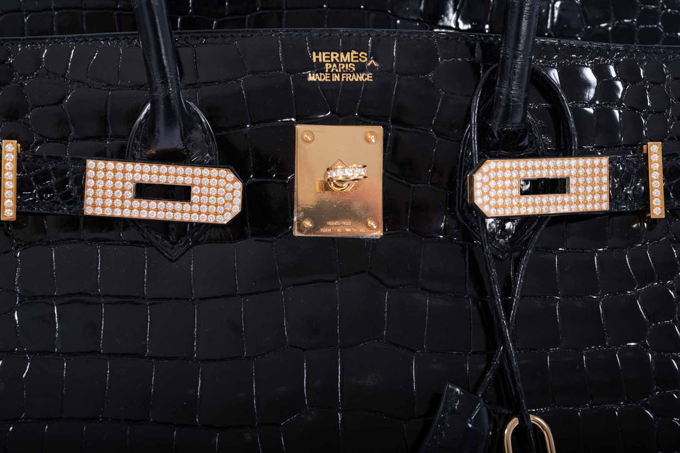 Hermes Birkin 35 Black Shiny Porosus Crocodile 18K Yellow Gold and Diamond Hardware