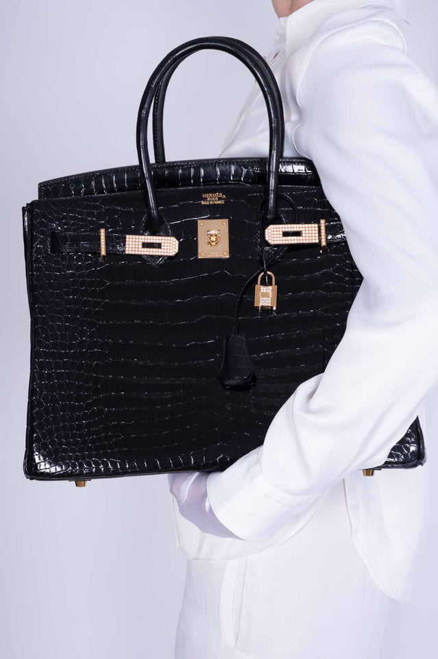Hermes Birkin 35 Black Shiny Porosus Crocodile 18K Yellow Gold and Diamond Hardware