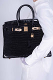 Hermes Birkin 35 Black Shiny Porosus Crocodile 18K Yellow Gold and Diamond Hardware