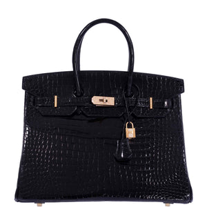 Hermes Birkin 35 Black Shiny Porosus Crocodile 18K Yellow Gold and Diamond Hardware