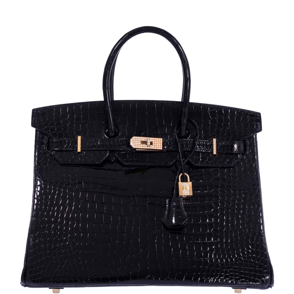 Hermes Birkin 35 Black Shiny Porosus Crocodile 18K Yellow Gold and Diamond Hardware