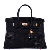 Hermes Birkin 35 Black Shiny Porosus Crocodile 18K Yellow Gold and Diamond Hardware