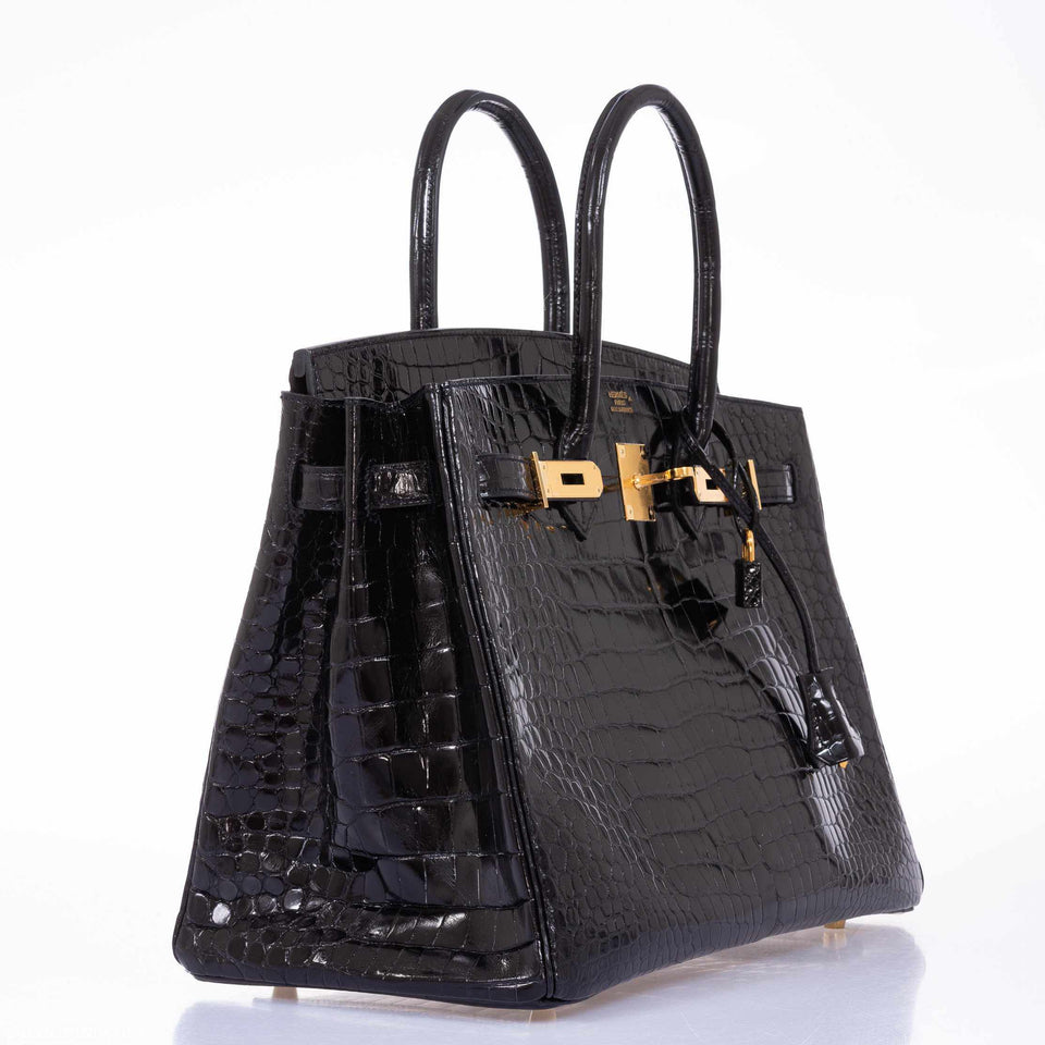 Hermes Birkin 35 Black Shiny Porosus Crocodile Gold Hardware