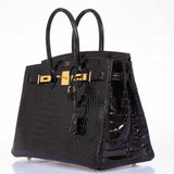 Hermes Birkin 35 Black Shiny Porosus Crocodile Gold Hardware