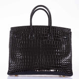 Hermes Birkin 35 Black Shiny Porosus Crocodile Gold Hardware