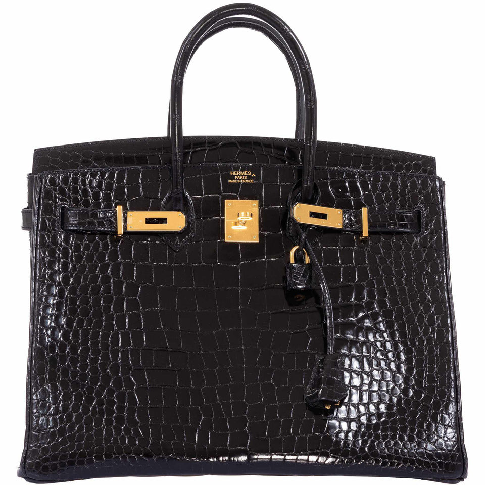 Hermes Birkin 35 Black Shiny Porosus Crocodile Gold Hardware
