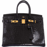Hermes Birkin 35 Black Shiny Porosus Crocodile Gold Hardware