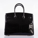 Hermes Birkin 35 Black Shiny Porosus Crocodile with Gold Hardware