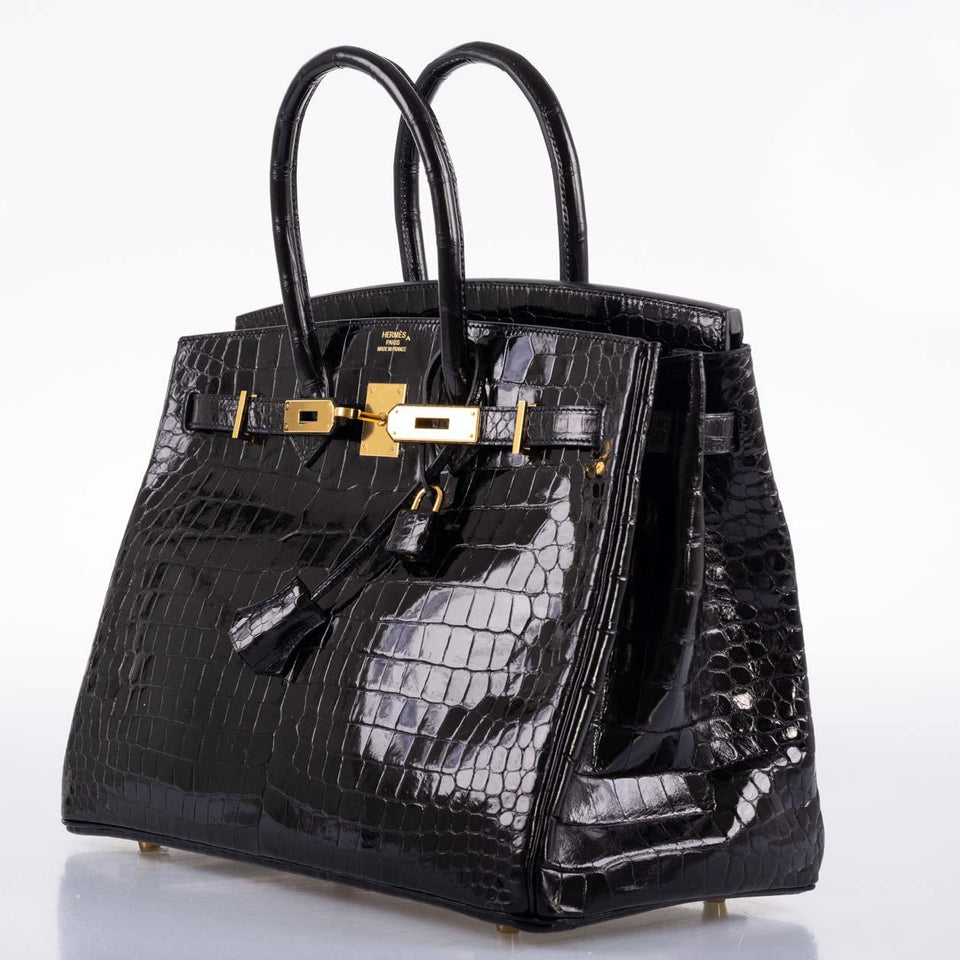 Hermes Birkin 35 Black Shiny Porosus Crocodile with Gold Hardware