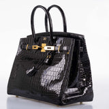 Hermes Birkin 35 Black Shiny Porosus Crocodile with Gold Hardware